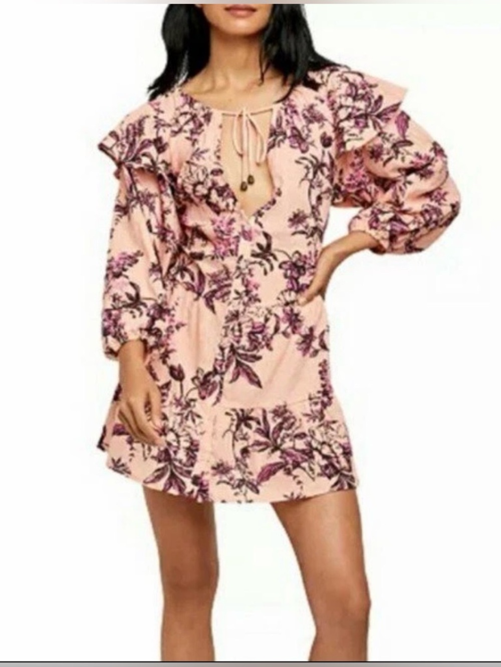 Free People Sunbaked Swing Dress Women’s Peach Long Sleeve Ruffle Size M